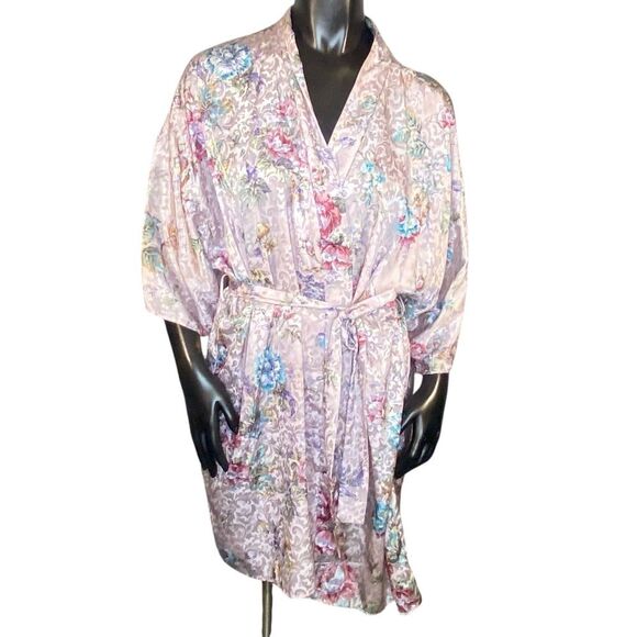 Sleep Solutions Short Satin Robe Womens Size Large Short Sleeve Belted Floral - Picture 1 of 6
